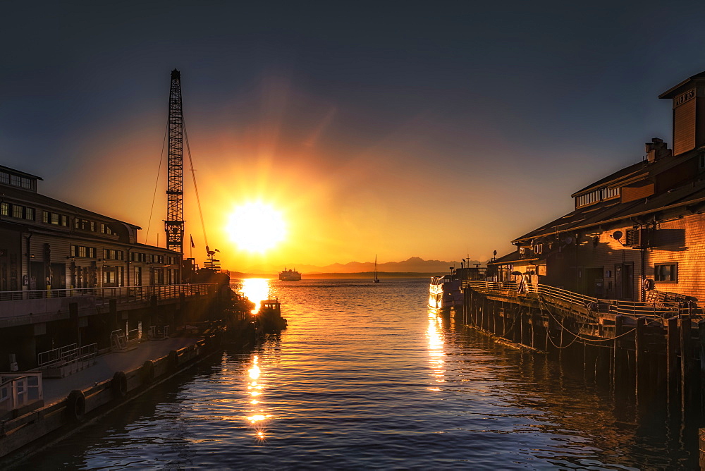 Stunning sunset over Pier 55 in Seattle, Washington State, United States of America, North America