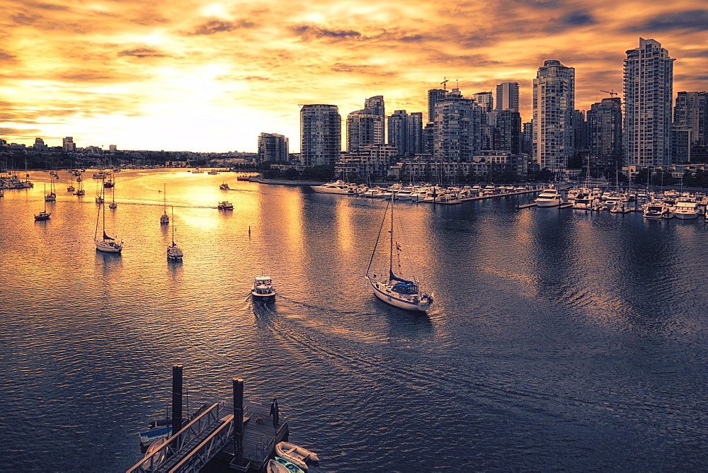 View of Vancouver skyline and False Creek as viewed from Cambie Street Bridge, Vancouver, British Columbia, Canada, North America