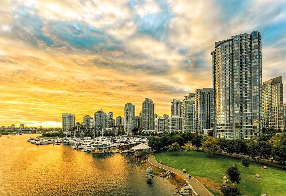 View of Vancouver skyline and False Creek as viewed from Cambie Street Bridge, Vancouver, British Columbia, Canada, North America