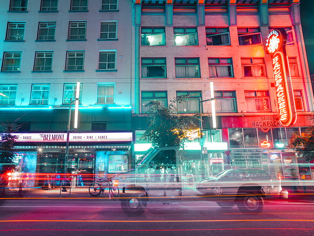 Neon lights at night on Granville Street, Vancouver, British Columbia, Canada, North America