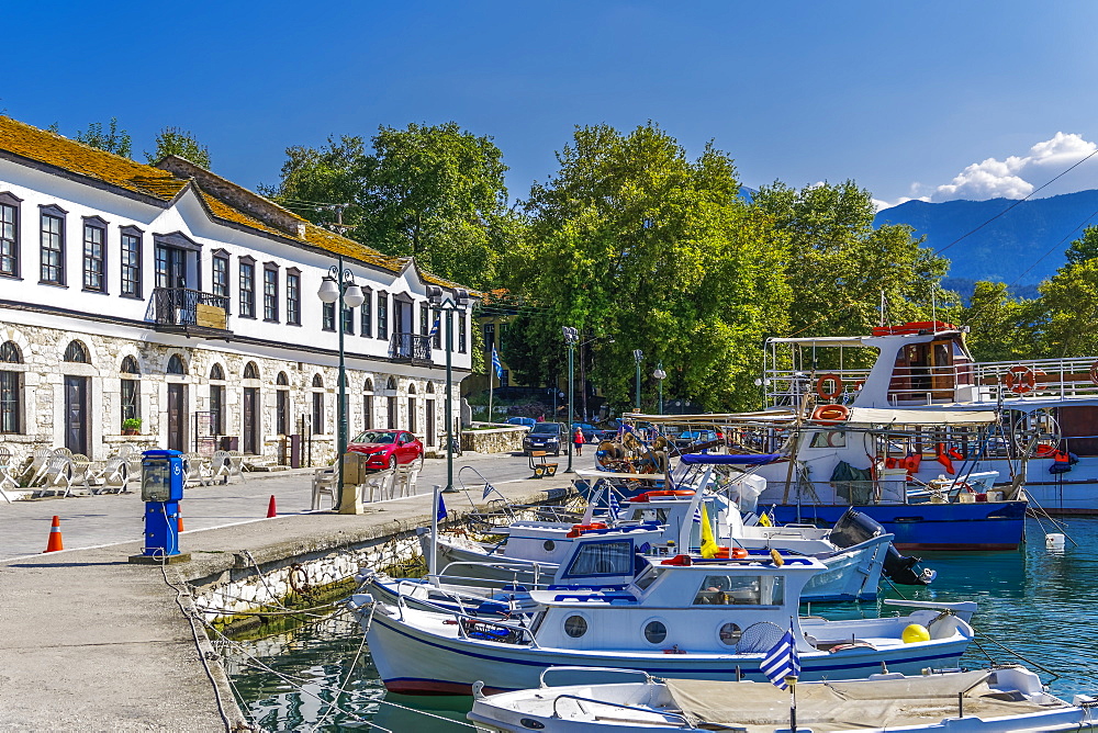 Day view of Limenas town with green vegetation, traditional house and moored ships, Thassos, Greek Islands, Greece, Europe