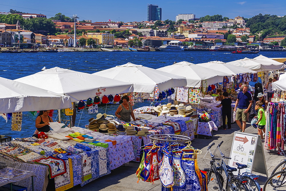 Open air street stalls and markets with cork and gift products on Douro River bank in Ribeira District, Porto, Portugal, Europe