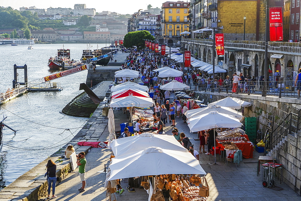 Open air street stalls and markets with cork and gift products on Douro River in Ribeira District, Porto, Portugal, Europe