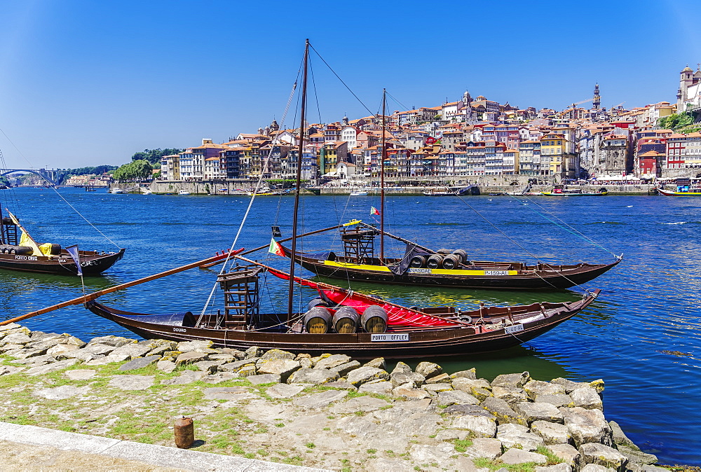 Ships used to carry port wine, moored in Vila Nova de Gaia on the Douro River, with Ribeira in the background, Porto, Portugal, Europe