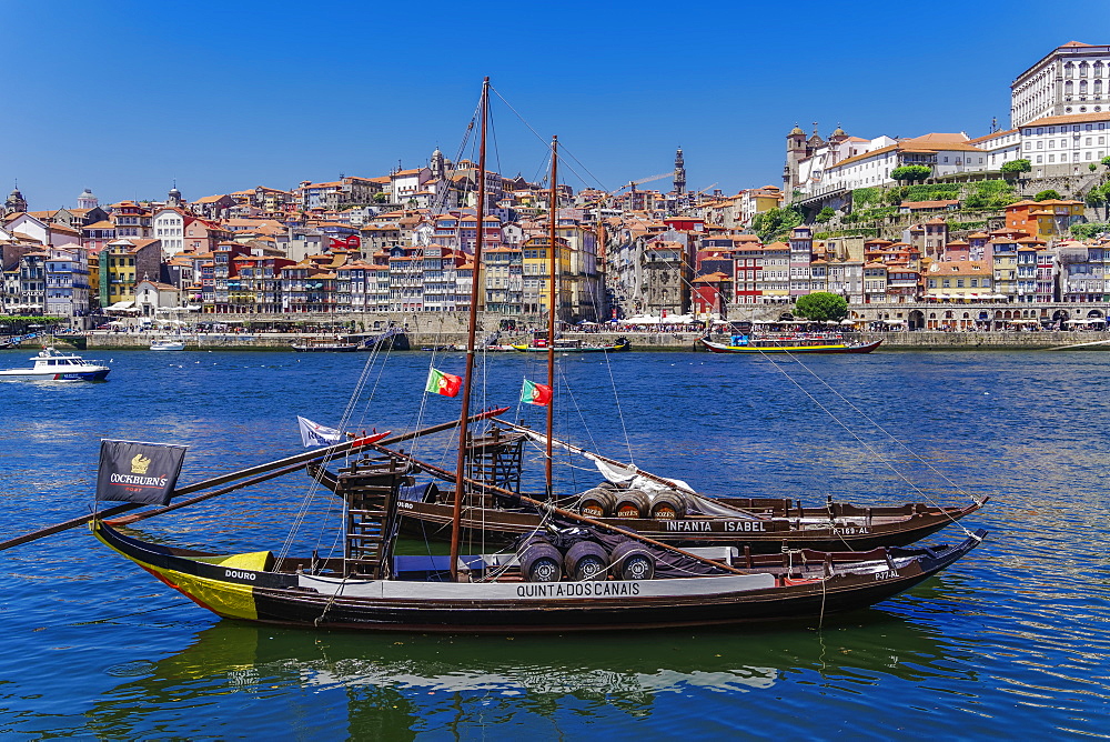 Ships used to carry port wine, moored in Vila Nova de Gaia on the Douro River, with Ribeira in the background, Porto, Portugal, Europe