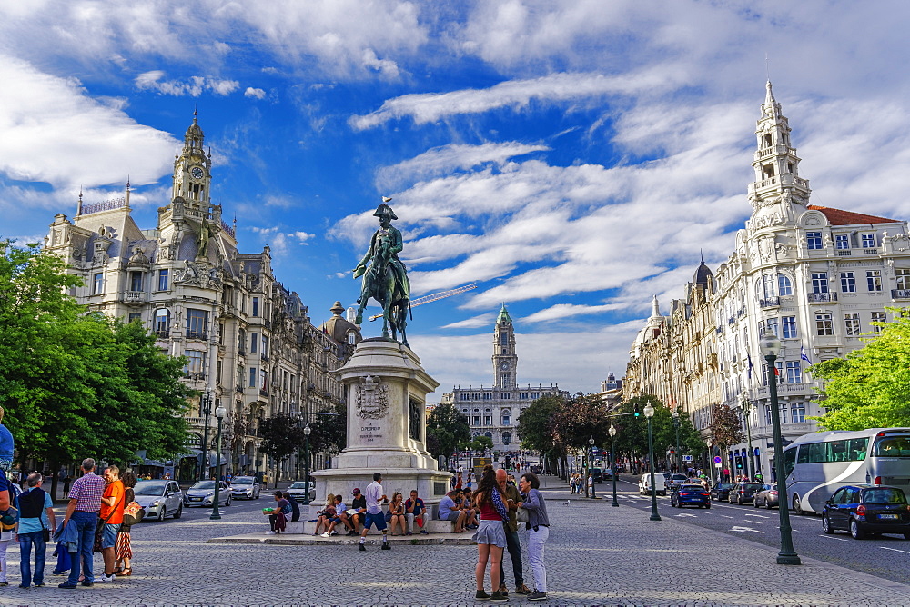 Pedro IV (King Peter IV) statue in Liberdade main square (Praca da Liberdade) with crowd, Porto, Portugal, Europe