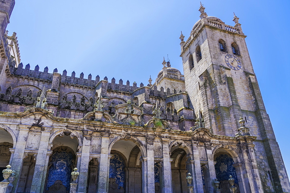 View of the Baroque loggia facade with azulejo blue tiles, Se do Porto (Porto Cathedral), Romanesque cathedral, Porto, Portugal, Europe