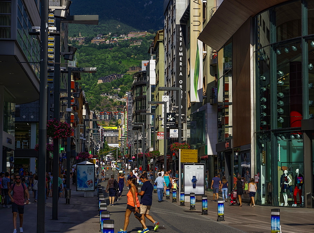 Andorra market shops with crowd in the city center of Andorra la Vella, capital of the Principality of Andorra, Europe