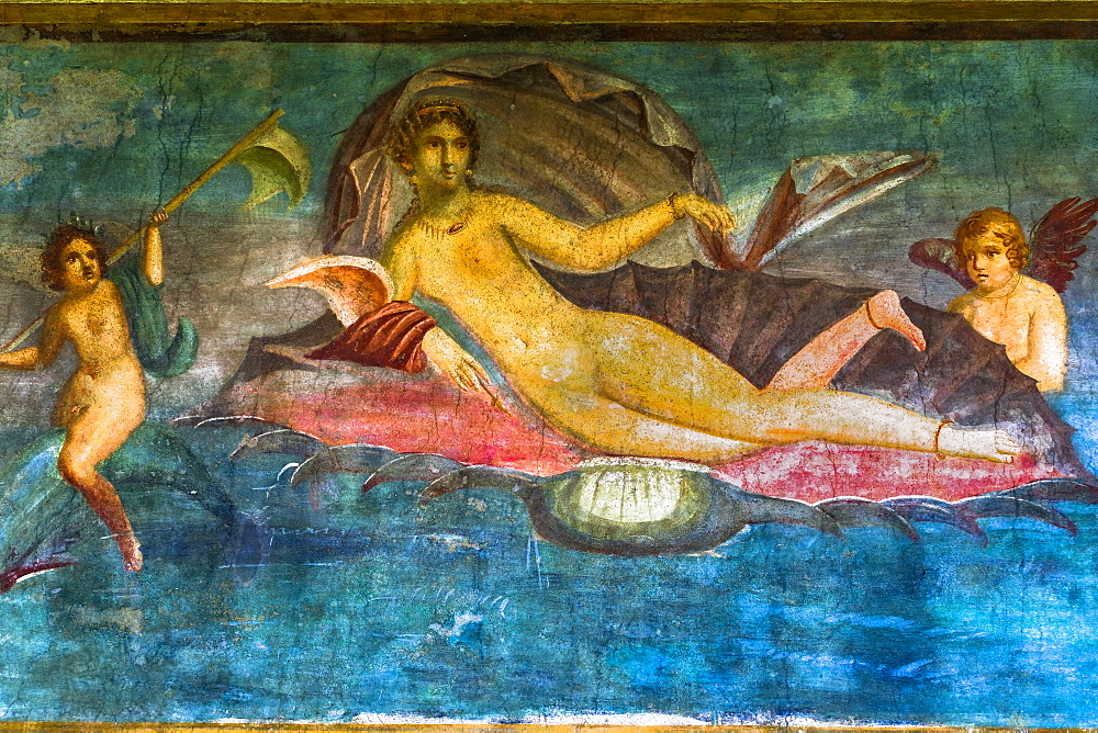 Casa di Venus fresco of Aphrodite lying on a conch shell with nymphs at House of D. Lucretii Satrii Valentes, Pompeii, UNESCO World Heritage Site, Campania, Italy, Europe