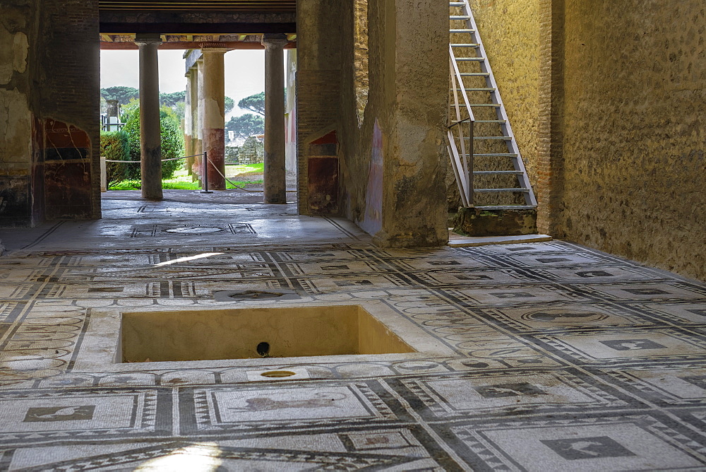 Casa di Paquius Proculus mosaic, interior of House of Cuspius Pansa looking across atrium to tablinum and oecus, Pompeii, UNESCO World Heritage Site, Campania, Italy, Europe