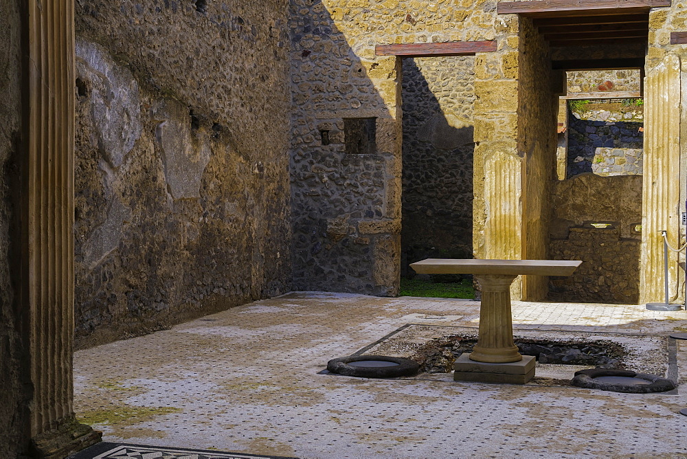 Casa del Frutteto atrium, remains of the House of the Orchard after Mount Vesuvius volcanic eruption in AD 79, Pompeii, UNESCO World Heritage Site, Campania, Italy, Europe