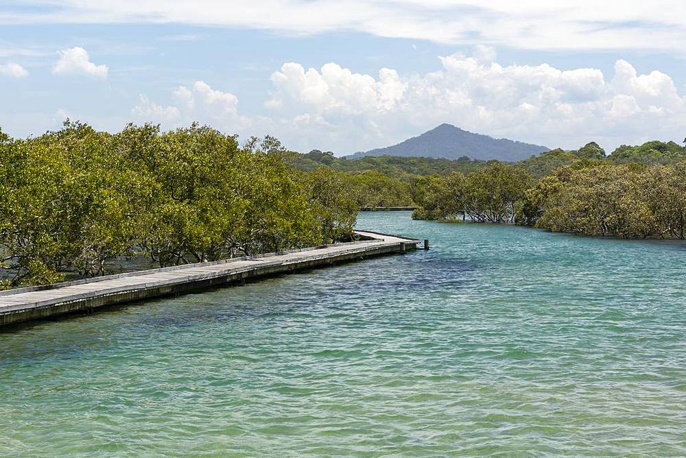 Ocean boardwalk in Urunga on the Coffs Coast with the hill of Nunguu Mirral Aboriginal area in the distance, Urunga, New South Wales, Australia, Pacific