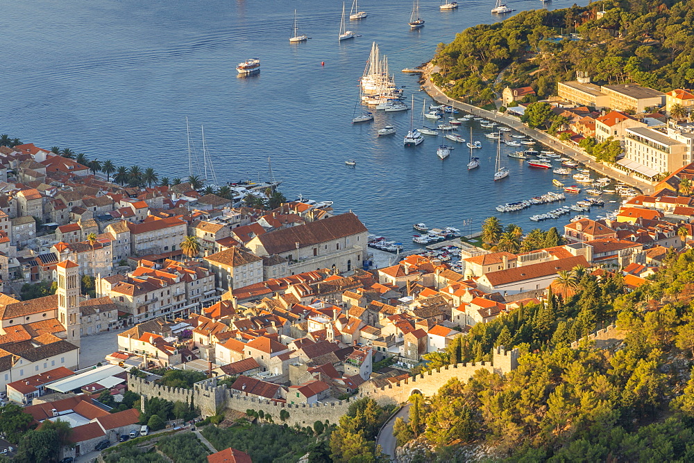 High-angle view over the port and the old town of Hvar Town at sunrise, Hvar, Croatia, Europe