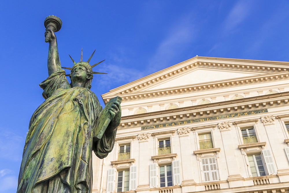 Statue of Liberty Replica at the Opera House, Nice, Alpes Maritimes, Cote d'Azur, French Riviera, Provence, France, Mediterranean, Europe