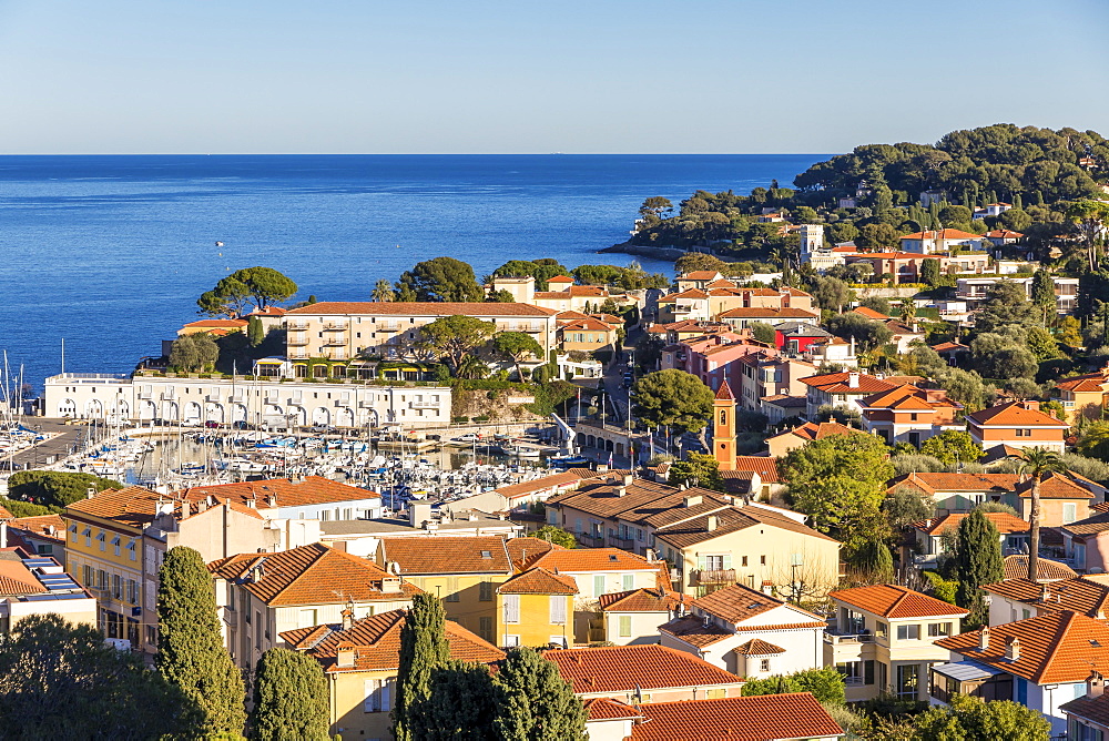 View from a lookout down to the town, Saint Jean Cap Ferrat, Cote d'Azur, French Riviera, Provence, France, Mediterranean, Europe