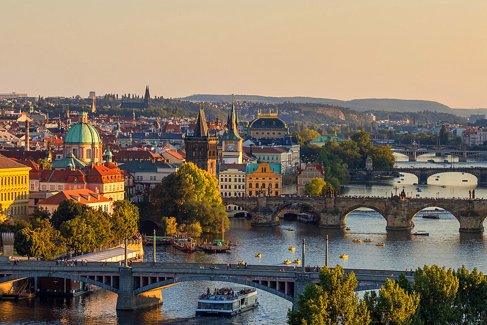 Elevated view over the old town and Vltava River seen from the Hanavsky Pavilion at Letna Park, Prague, Czech Republic (Czechia), Europe