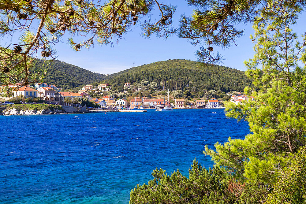 View from the Lighthouse hiking trail back to the village, Fiskardo, Kefalonia, Ionian Islands, Greek Islands, Greece, Europe