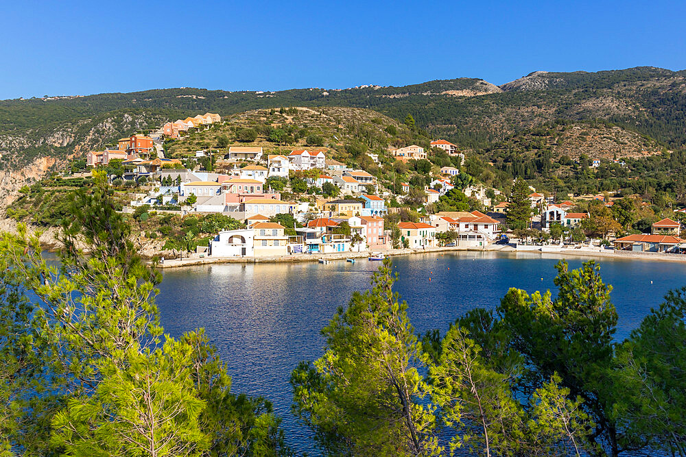 Elevated view over the village of Assos, Kefalonia, Ionian Islands, Greek Islands, Greece, Europe