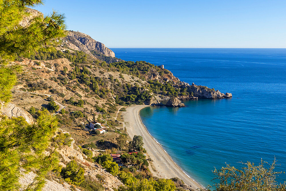 Elevated view over Cala del Canuelo beach, Maro Cerro Gordo Cliffs Nature Reserve, Andalusia, Spain, Europe