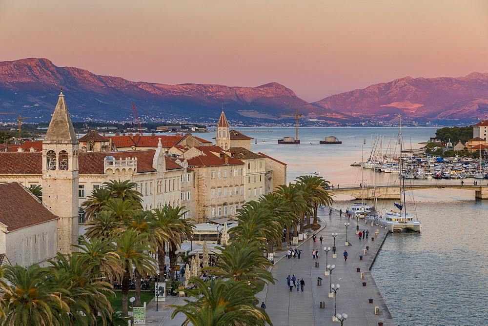 View from Kamerlengo Fortress over the old town of Trogir at sunset, UNESCO World Heritage Site, Croatia, Europe