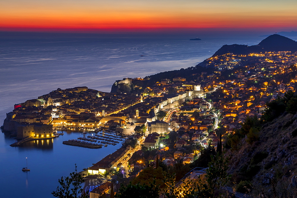 Elevated view over the old town of Dubrovnik at sunset, Croatia, Europe