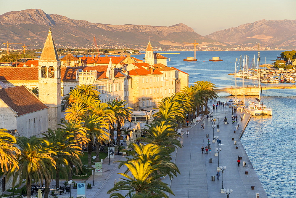 Elevated view from Kamerlengo Fortress over the old town of Trogir at sunset, UNESCO World Heritage Site, Croatia, Europe