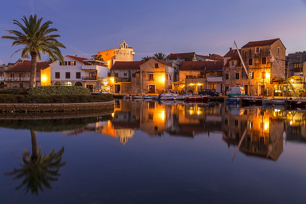 The old town of Vrboska on Hvar Island at dusk, Croatia, Europe