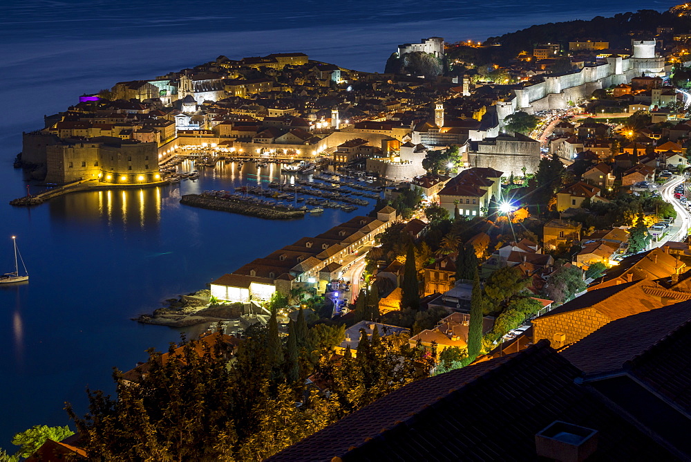 High-angle view over the old town of Dubrovnik at dusk, Croatia, Europe