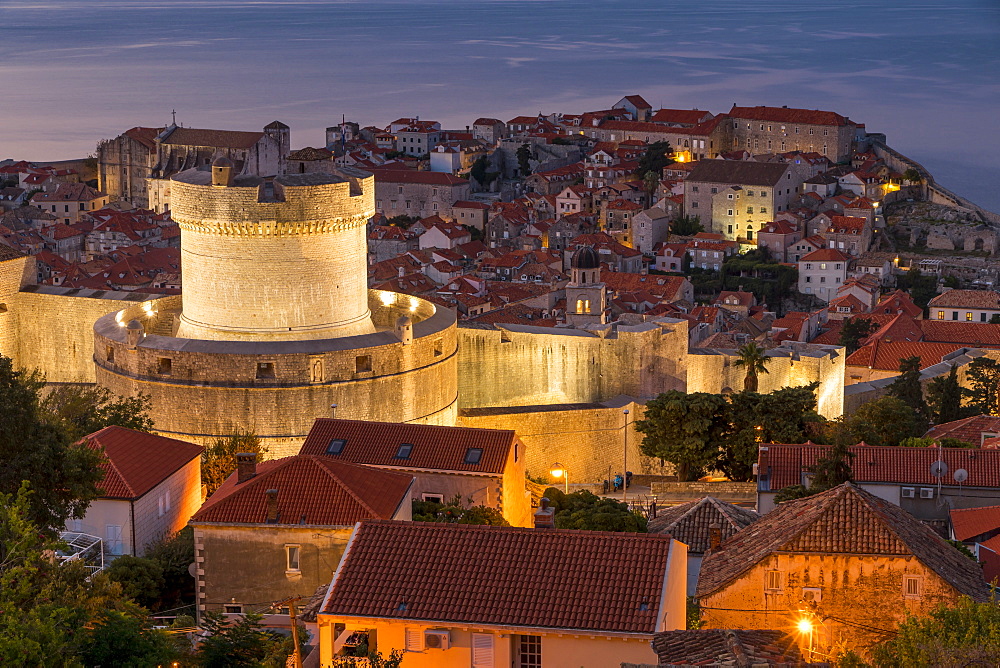 View from a lookout over Minceta Tower and the old town of Dubrovnik at dawn, UNESCO World Heritage Site, Croatia, Europe