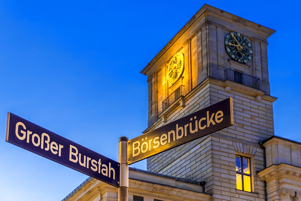 The clock tower of the Hamburg Chamber of Commerce building at dusk, Hamburg, Germany, Europe