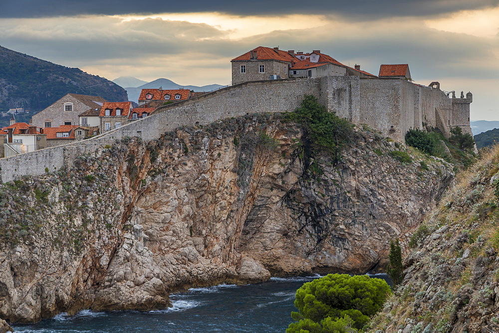 View from Lovrijenac Fortress to the city walls of Dubrovnik at sunrise, UNESCO World Heritage Site, Croatia, Europe