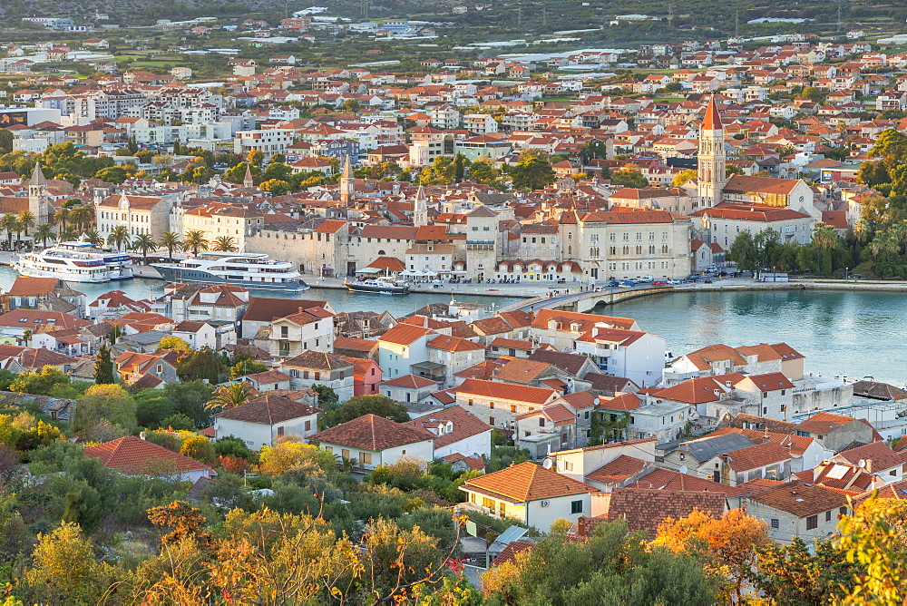 Elevated view over the old town of Trogir at sunset, Trogir, Croatia, Europe