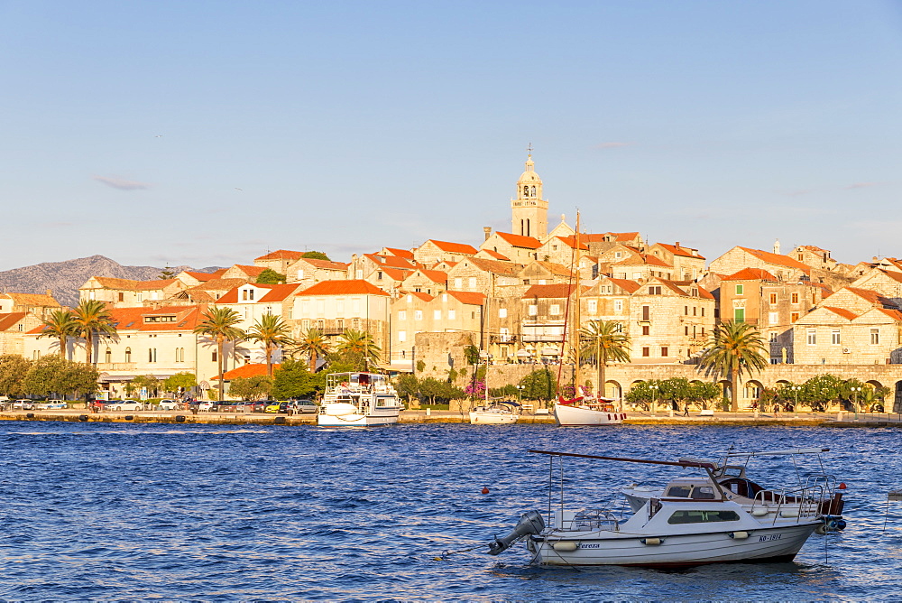 View to the old town of Korcula at sunset, Korcula, Croatia, Europe