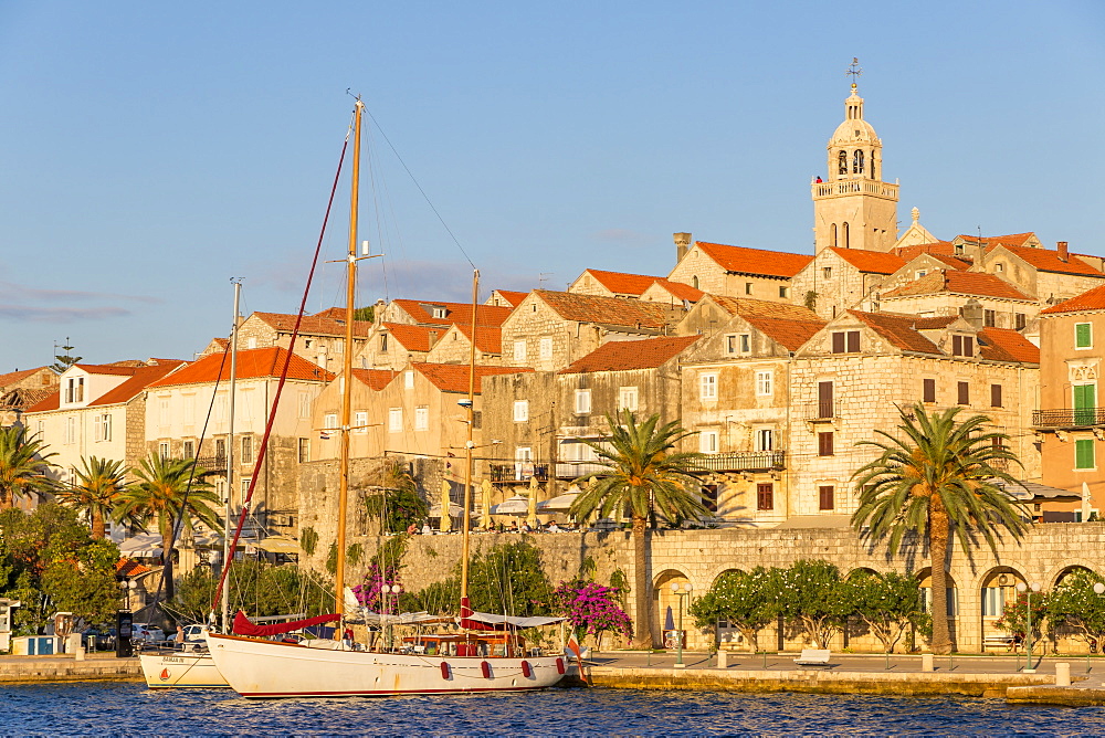 View to the old town of Korcula at sunset, Korcula, Croatia, Europe