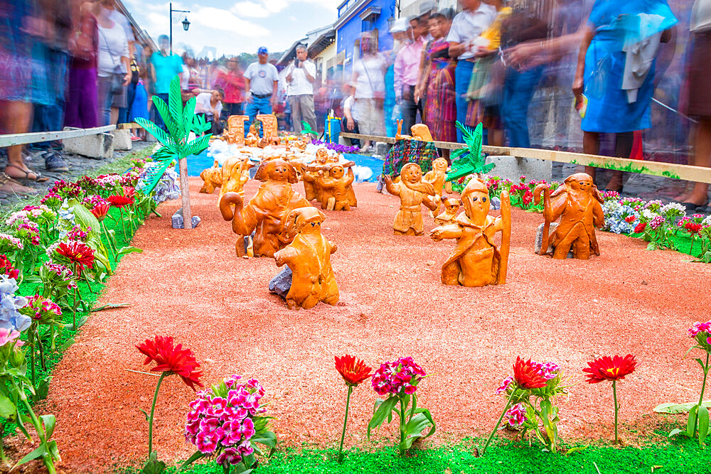 Sawdust carpet for the Good Friday procession during Holy Week 2017 in Antigua, Guatemala, Central America