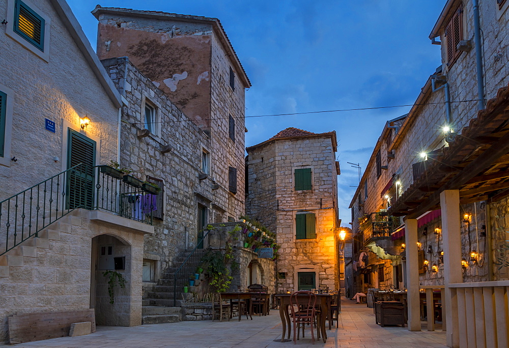 Small square in the old town of Stari Grad on Hvar Island at dusk, Hvar, Croatia, Europe