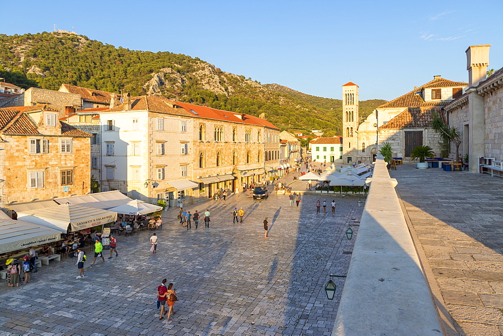 Elevated view over the Svetog Stjepana square in Hvar Town, Hvar, Croatia, Europe