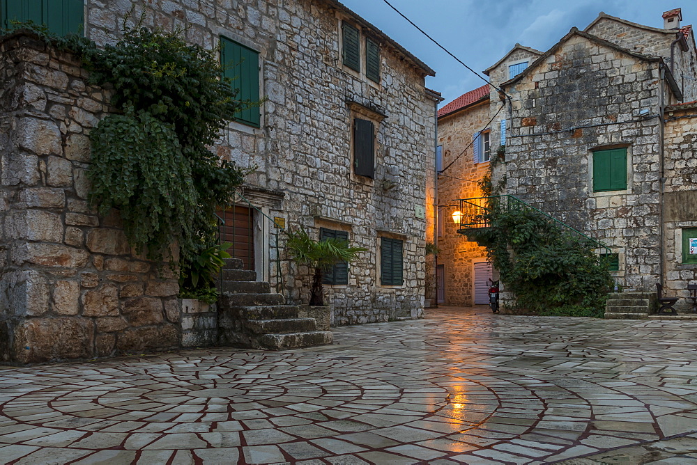 Small square in the old town of Stari Grad on Hvar Island at dawn, Hvar, Croatia, Europe