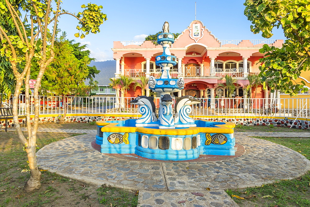 Fountain in front of the town hall of El Estor, Guatemala, Central America