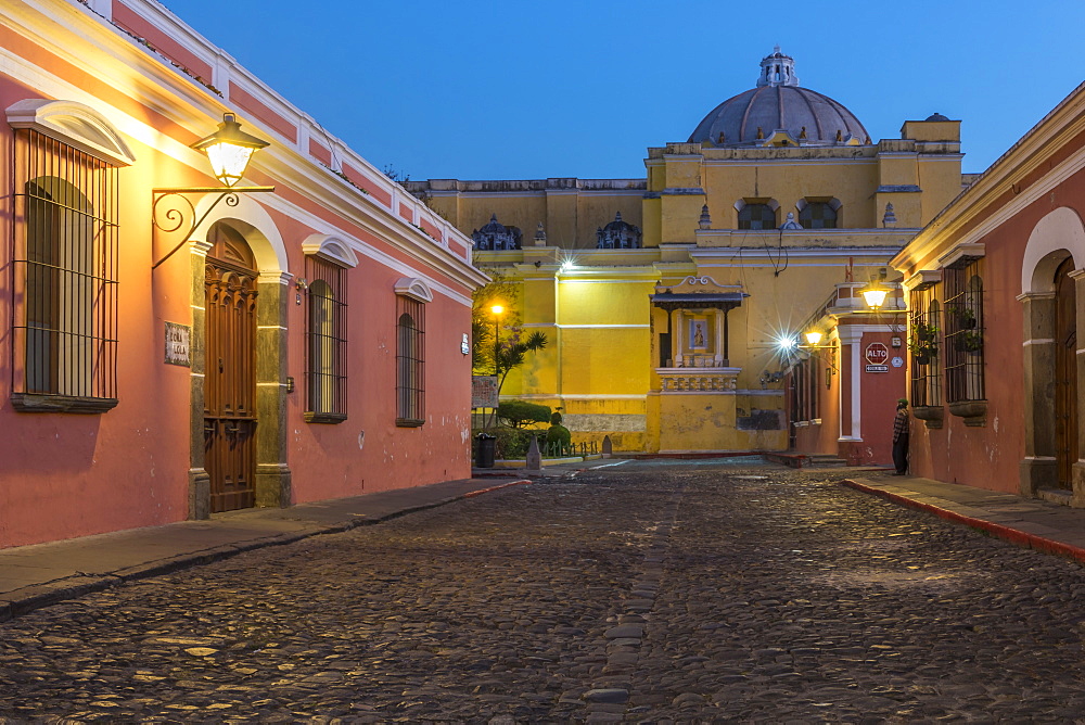 Colonial houses and the La Merced cathedral in Antigua at dawn, Antigua, UNESCO World Heritage Site, Guatemala, Central America