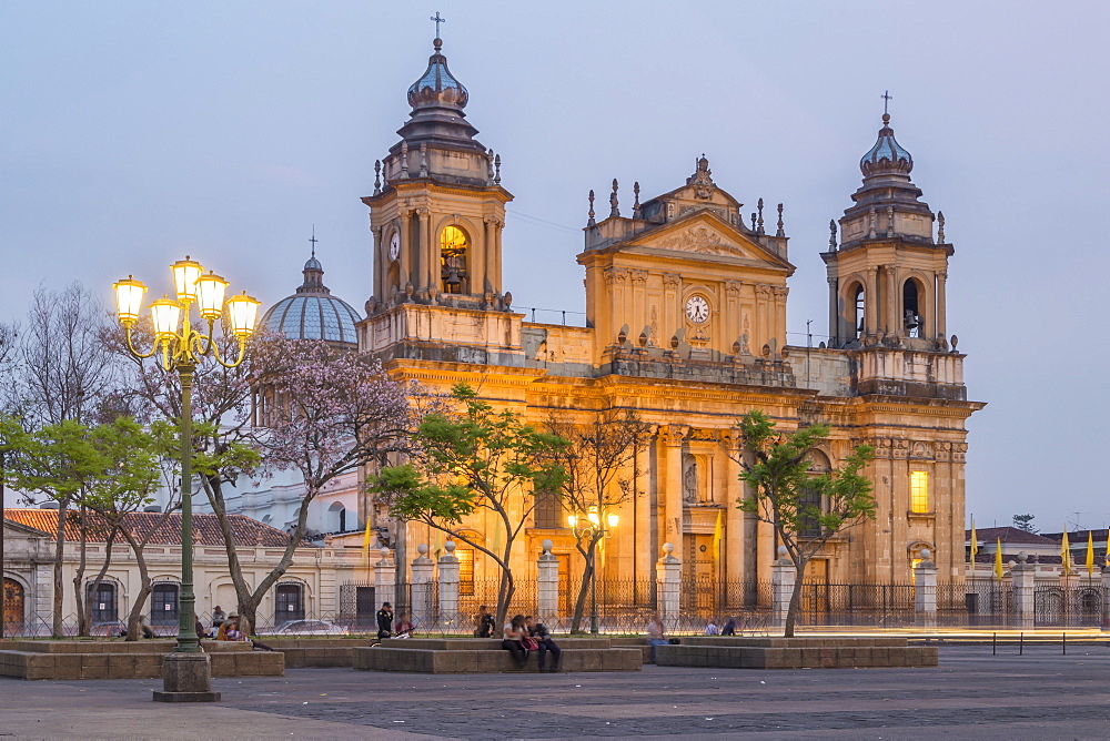 The Metropolitan Cathedral in Guatemala City at dusk, Guatemala, Central America