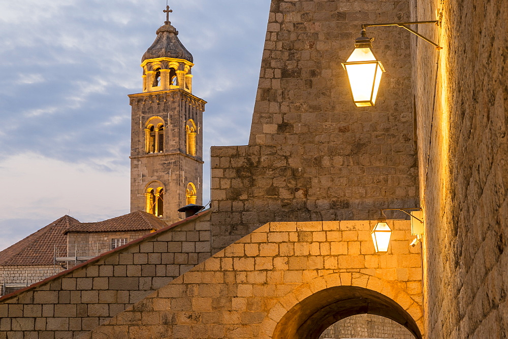 View from the Ploce Gate to the tower of the Dominican Monastery in the old town of Dubrovnik at dawn, UNESCO World Heritage Site, Dubrovnik, Croatia, Europe