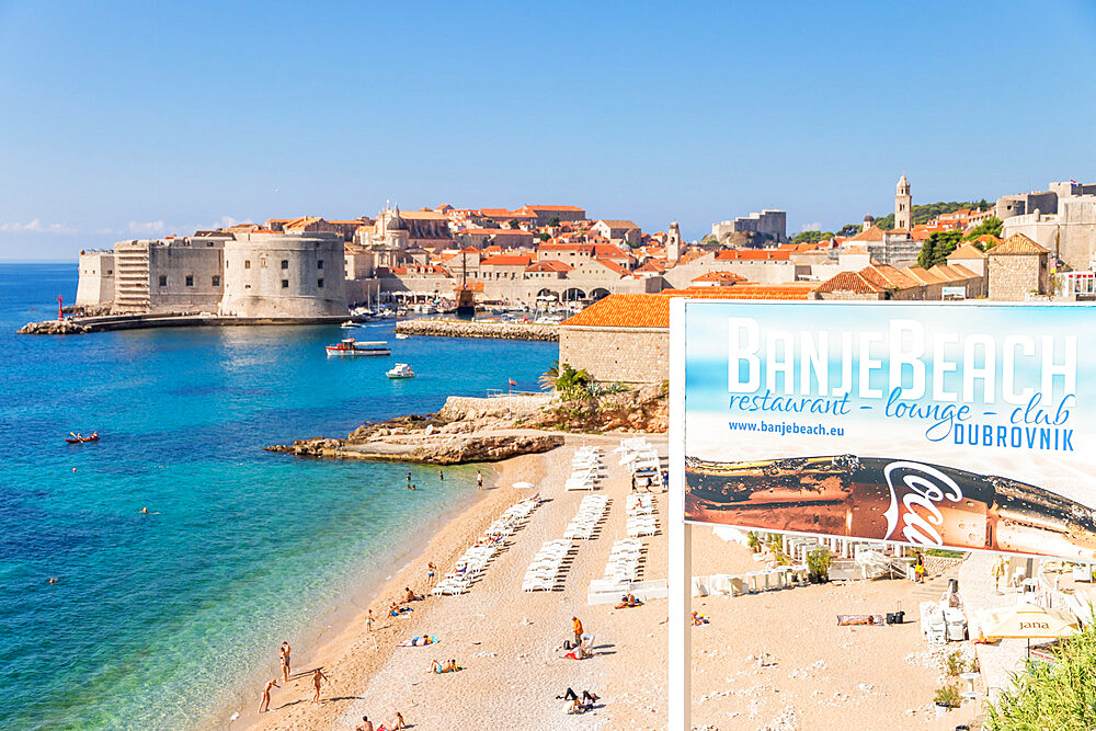 View over Banje Beach and the old town of Dubrovnik in the background, Dubrovnik, Croatia, Europe