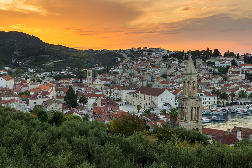 Elevated view over the old town of Hvar Town at sunrise, Hvar, Croatia, Europe