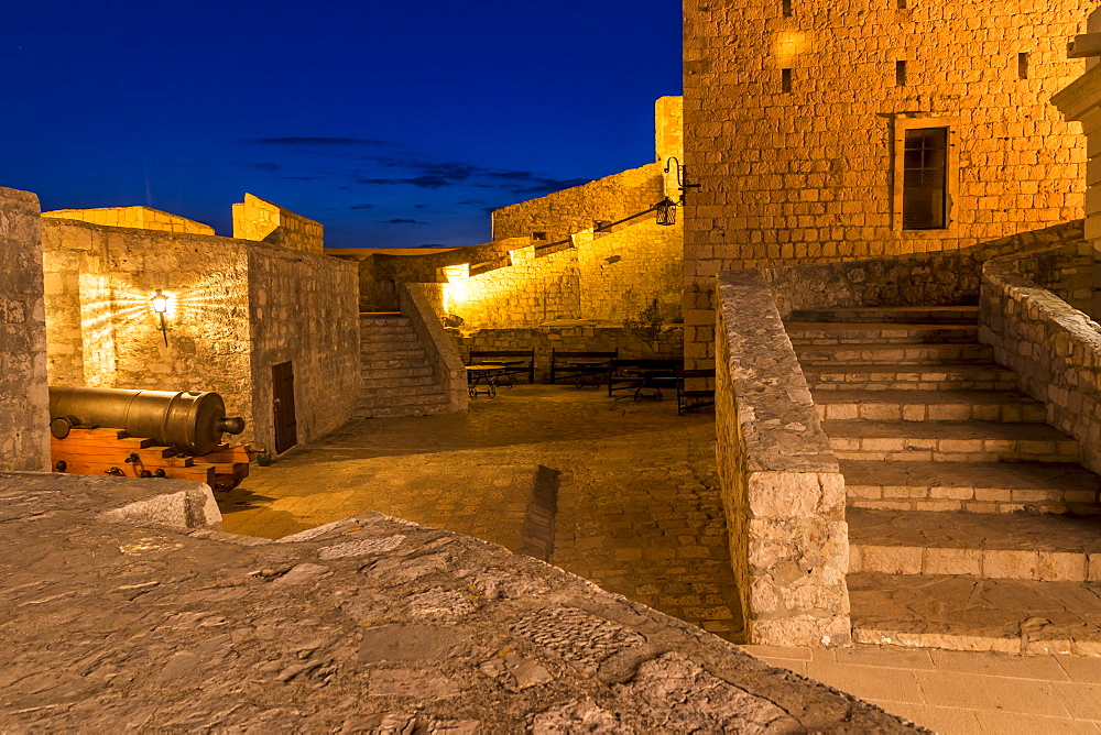 Inside the Spanish Fortress above Hvar Town at dusk, Hvar, Croatia, Europe