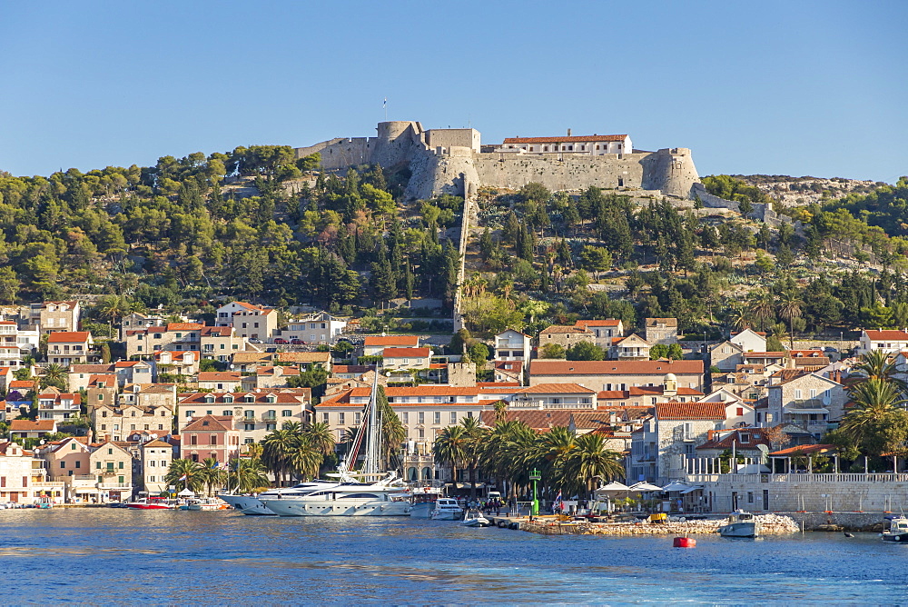 View over the old town of Hvar Town and the Spanish Fortress, Hvar, Croatia, Europe