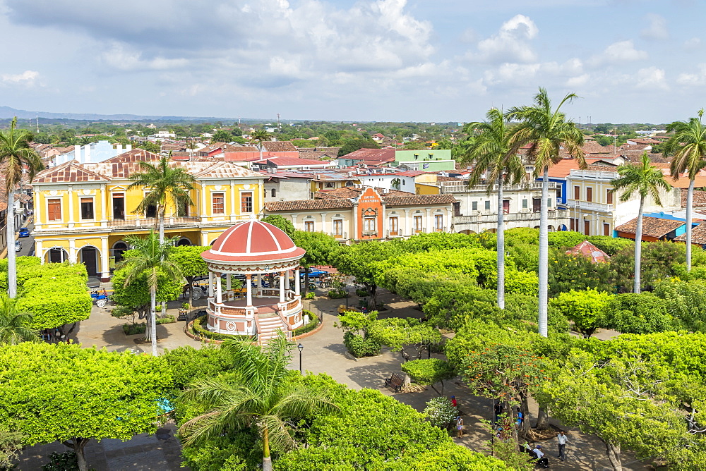 View from the bell tower of the Cathedral of Granada over the main square, Granada, Nicaragua, Central America