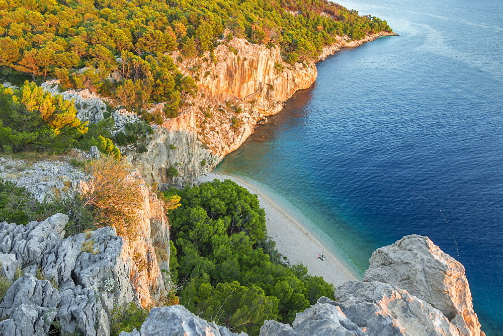 High-angle view over Nugal Beach near Makarska at sunset, Croatia, Europe