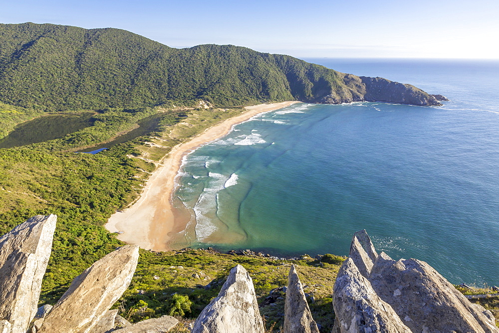 View over Lagoinha do Leste Beach from the top of Crown Hill (Morro da Coroa), Florianopolis, Santa Catarina, Brazil, South America