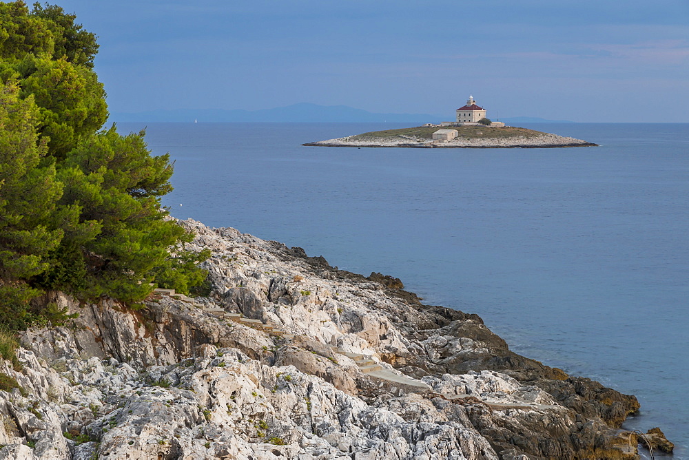 View to the lighthouse on Pokonji Dol islet near Hvar Town, Croatia, Europe